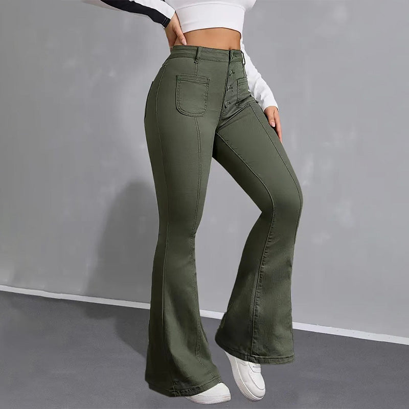 Elastic flared patchwork multi-pocket jeans