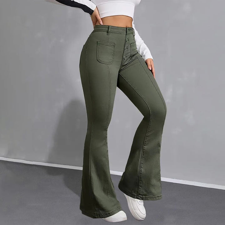 Elastic flared patchwork multi-pocket jeans