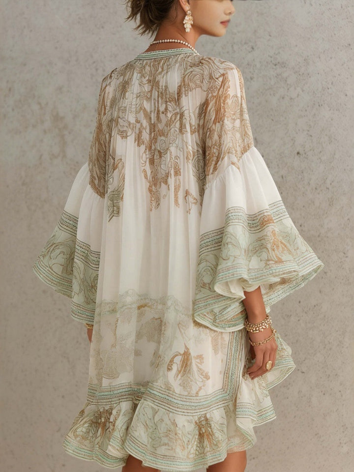 Printed Bell Sleeve Ruffle Hem Mini Dress