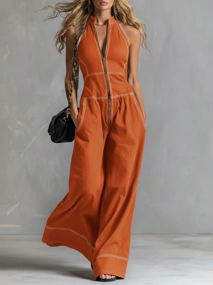 Deep V-neck stand-up collar sleeveless casual jumpsuit