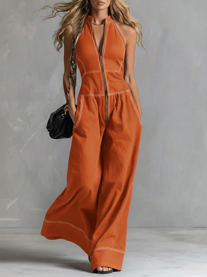 Deep V-neck stand-up collar sleeveless casual jumpsuit