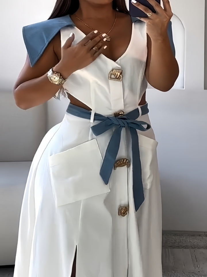 White Blue Contrast V-Neck Cutout Shirt Dress