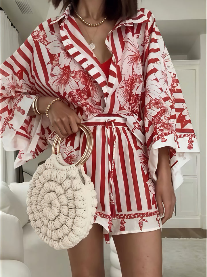 Floral Striped Button-Down Shirt &amp; Shorts Set - Red/White