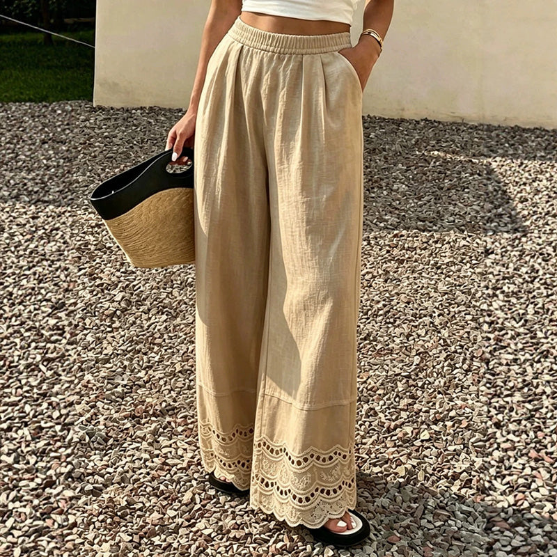 Stylish, loose-fitting, everyday wide-leg pants with lace trim
