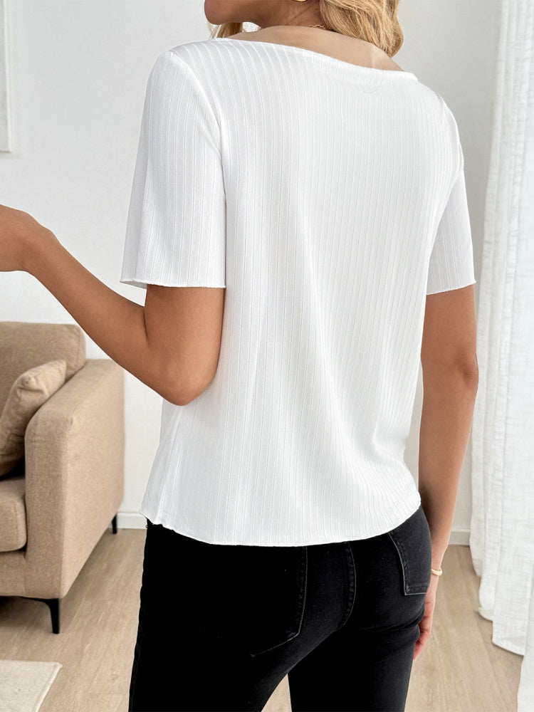 Contrast Trim Button-Front Ribbed Knit Top