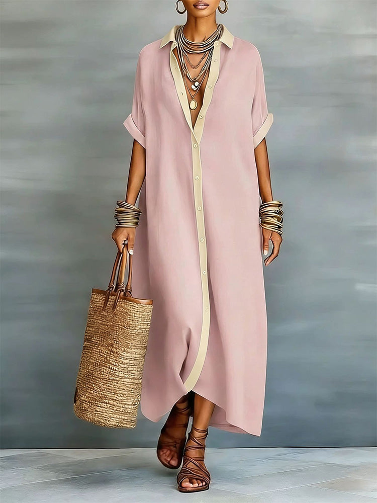 Color-blocked loose-fitting cotton and linen long shirt dress