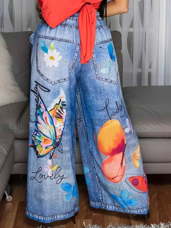 Butterfly Print Wide-Leg Pants | High-Waisted Elastic Waist Casual Trousers