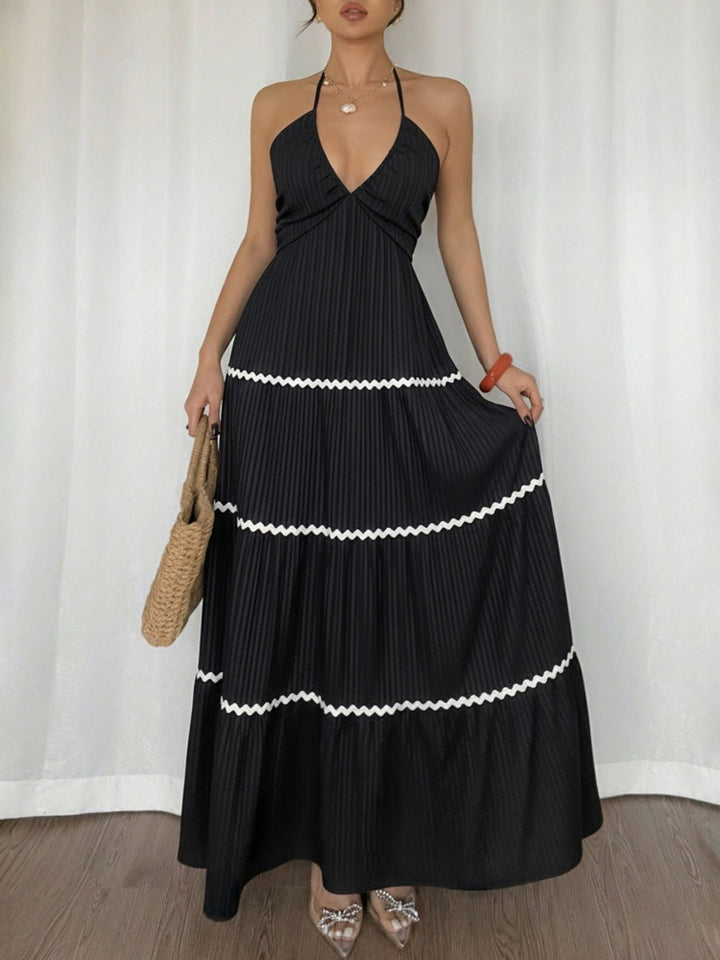 Black Halter Maxi Dress with White Zigzag Trim