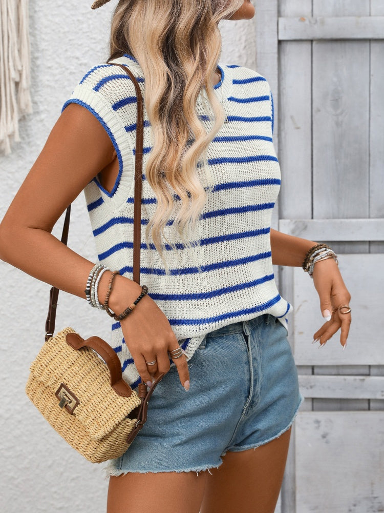 Striped Knit Sleeveless Top - Casual Crew Neck Summer Tank