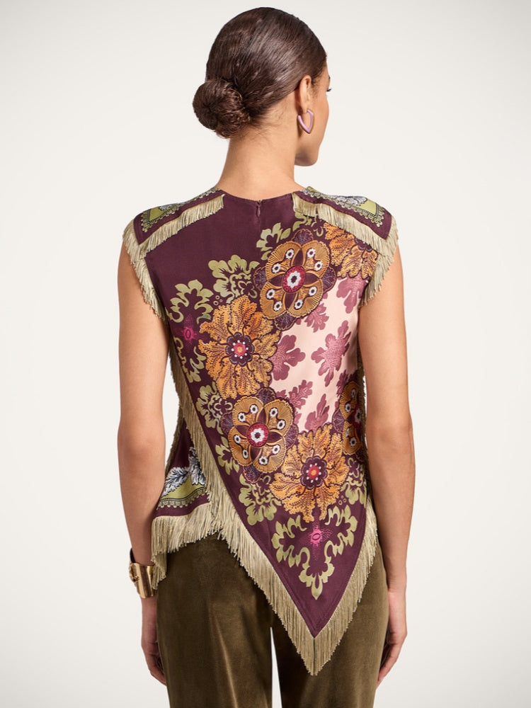 Fringed Floral Print Asymmetrical Sleeveless Top
