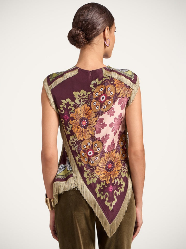 Fringed Floral Print Asymmetrical Sleeveless Top
