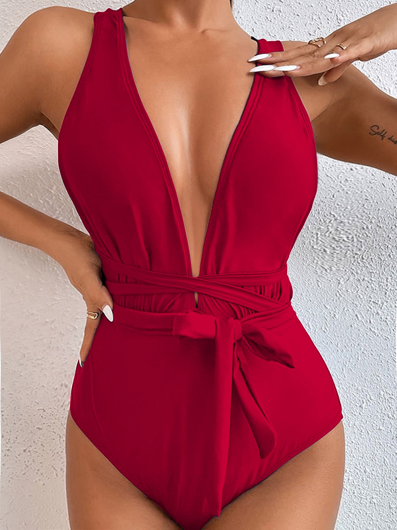 Elegant Deep V One-Piece Swimsuit with Waist Tie – Multiple Colors