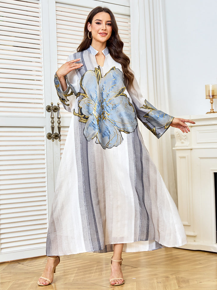 Oversized Floral Applique Striped Abaya Maxi Dress