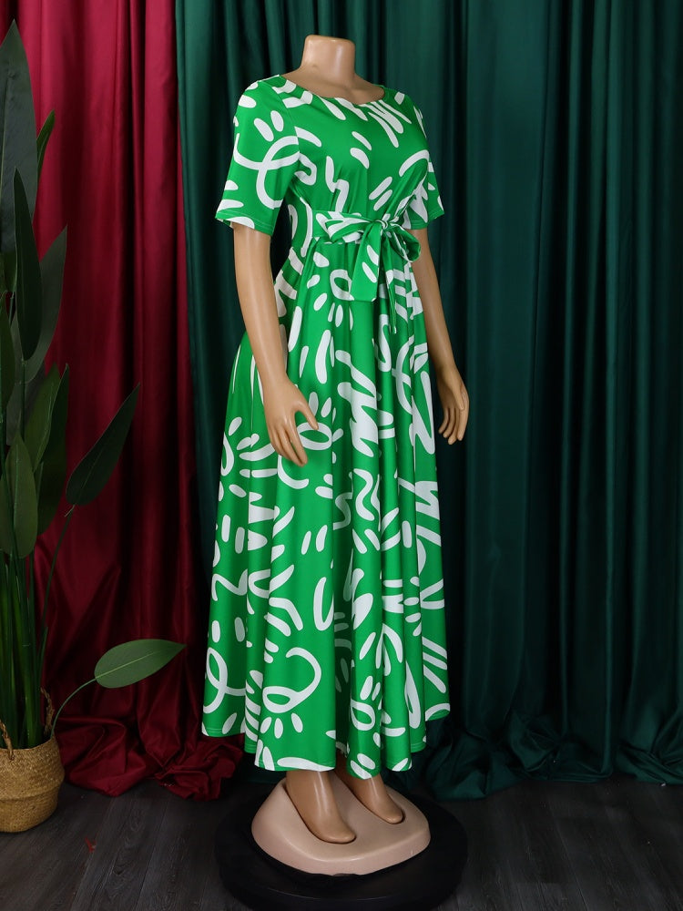 Graffiti Print Belted A-Line Maxi Dress