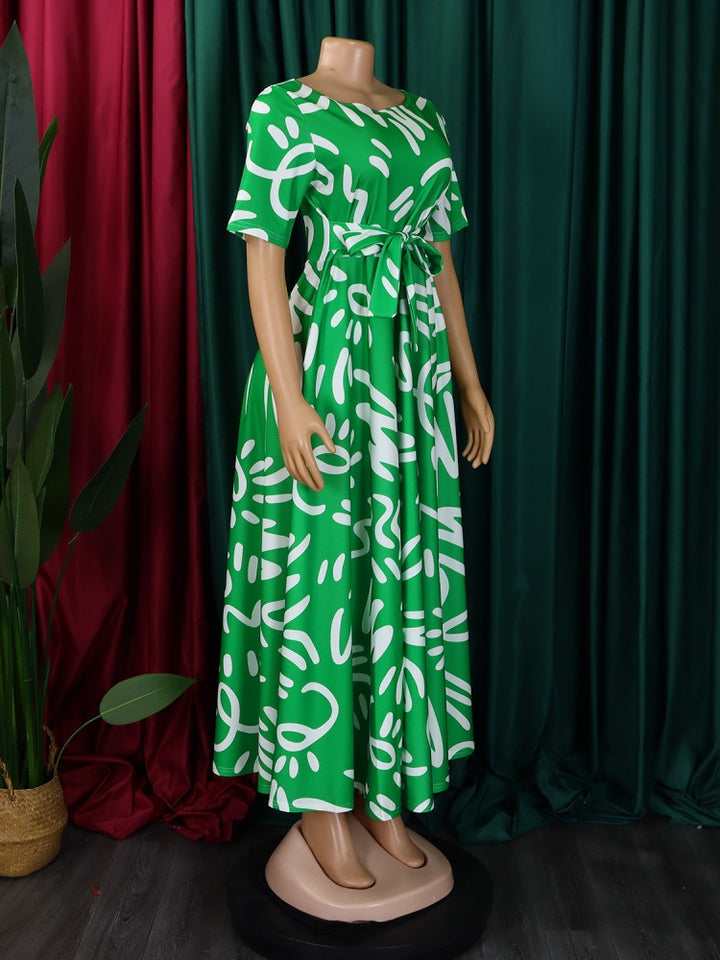 Graffiti Print Belted A-Line Maxi Dress