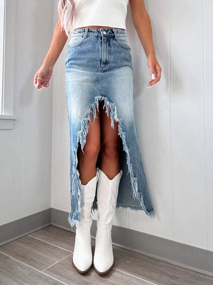 High Waist Raw Hem Denim Skirt