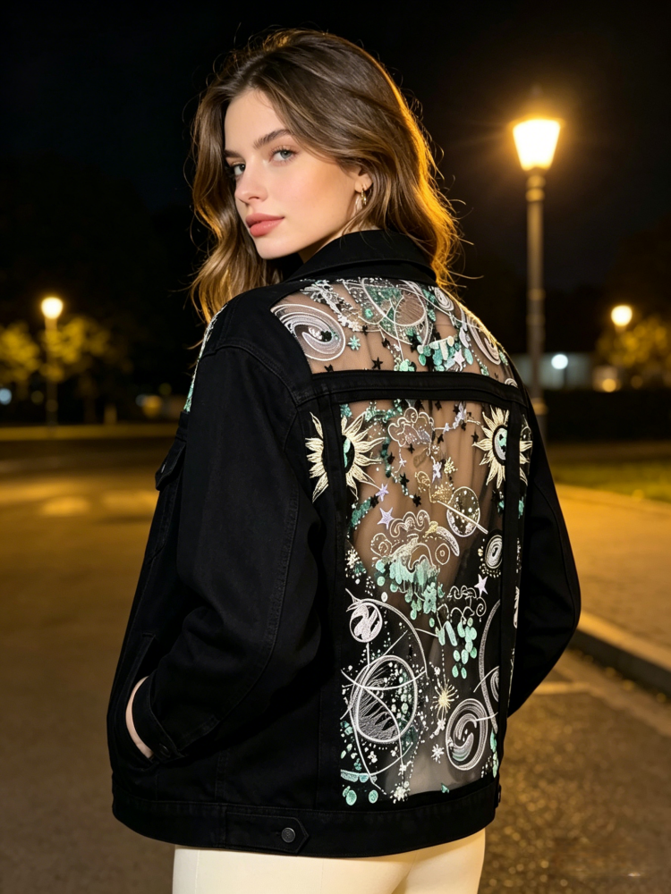 Black Denim Jacket with Sheer Celestial Embroidered Mesh Panels