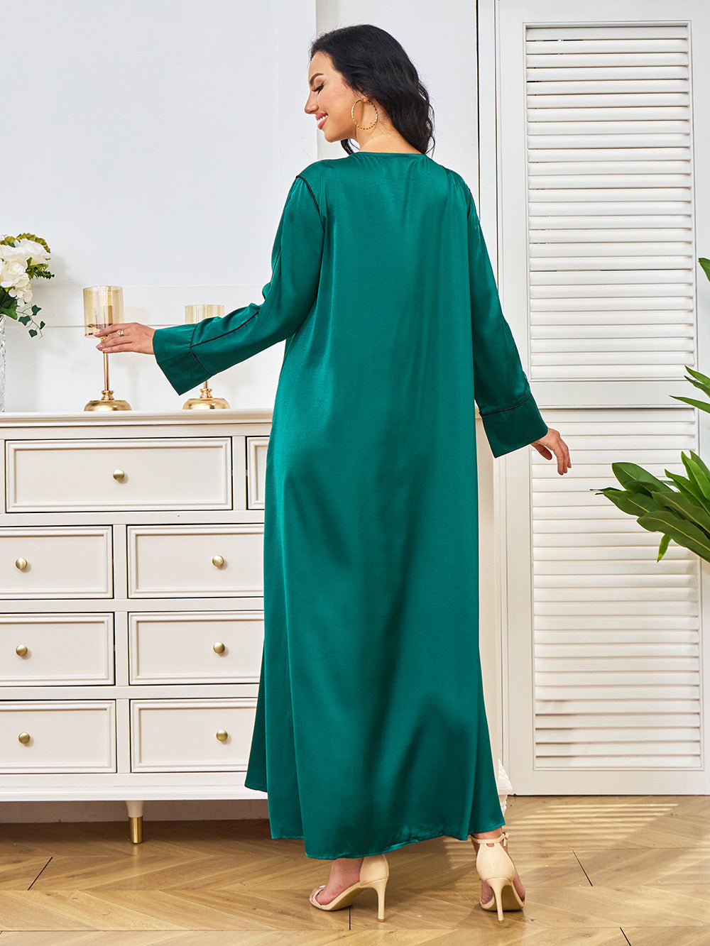 Emerald Green Satin Abaya Maxi Dress with Gold Embroidery
