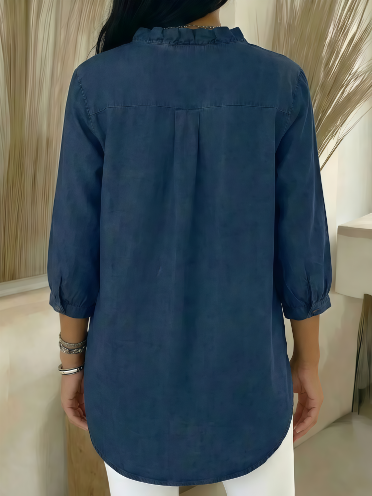 Ruffled V-Neck Denim Button-Down Blouse