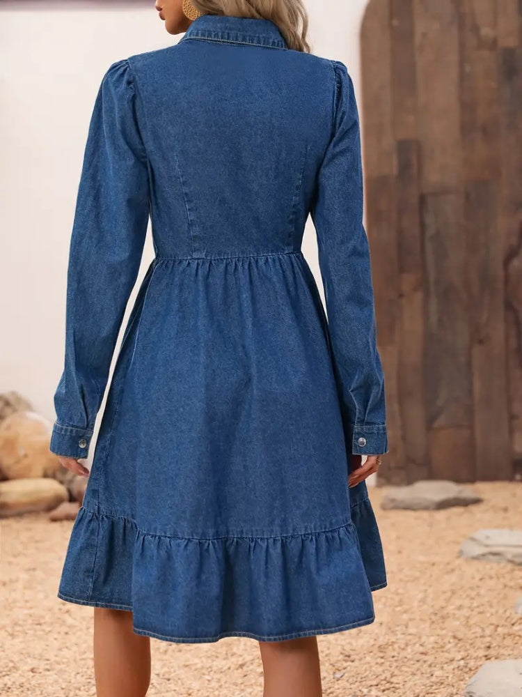 Button Down Puff Sleeve Denim Shirt Dress