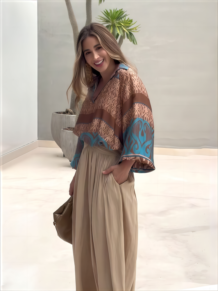 Abstract Print Blouse &amp; Pleated Wide Leg Pants Set