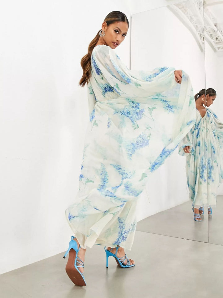 Floral Print Chiffon Balloon Sleeve Maxi Dress