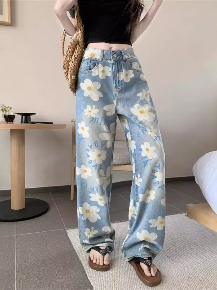 Floral Print High Waisted Wide Leg Denim Jeans