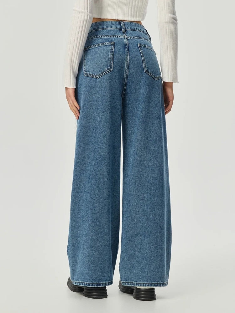 High Waist Wide Leg Jeans With Tulle Bow &amp; Pearl Tassel Decor