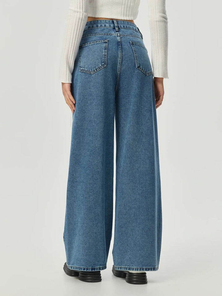 High Waist Wide Leg Jeans With Tulle Bow &amp; Pearl Tassel Decor