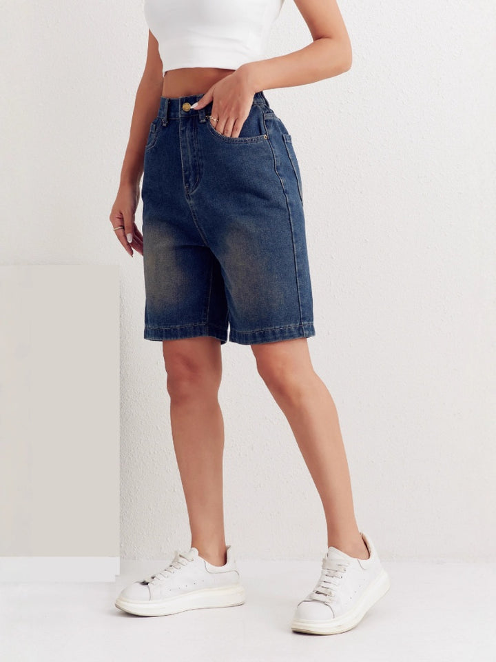 High Waist Vintage Washed Wide Leg Bermuda Denim Shorts