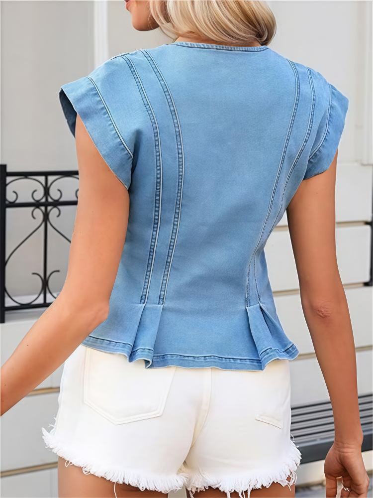 V-Neck Peplum Denim Vest - Sleeveless Button-Down Fitted Top