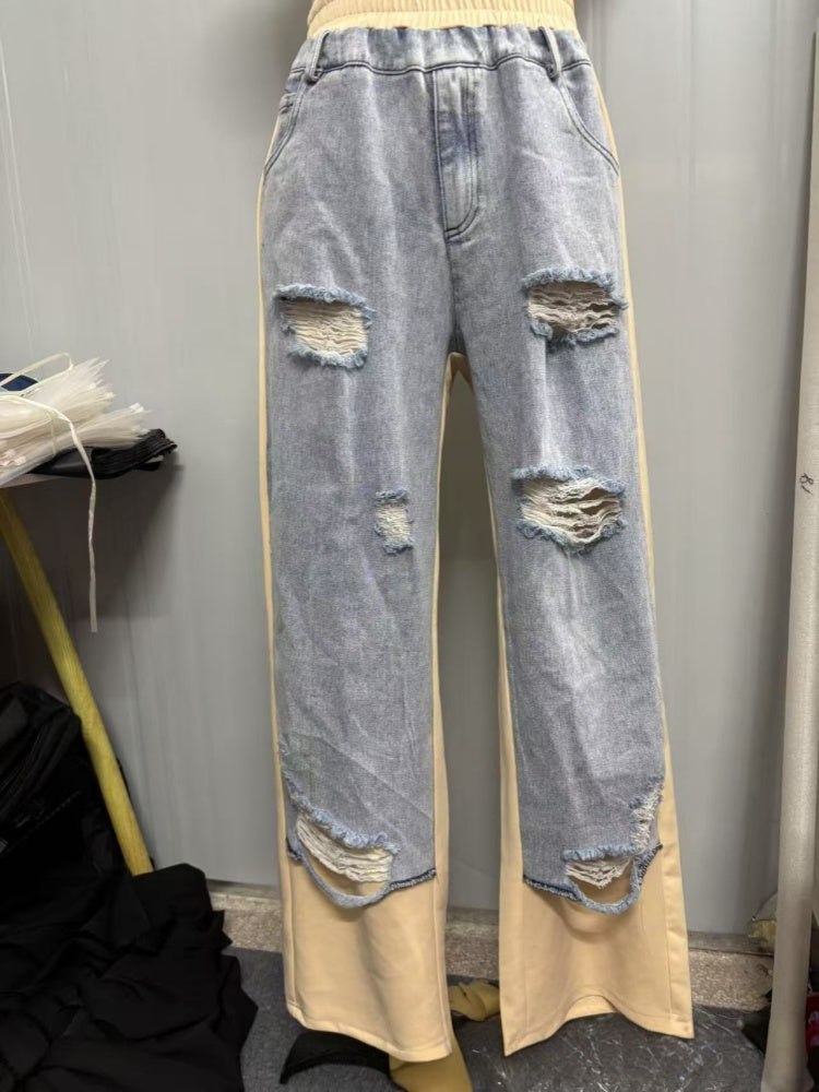 Ripped Contrast Panel Wide Leg Jeans