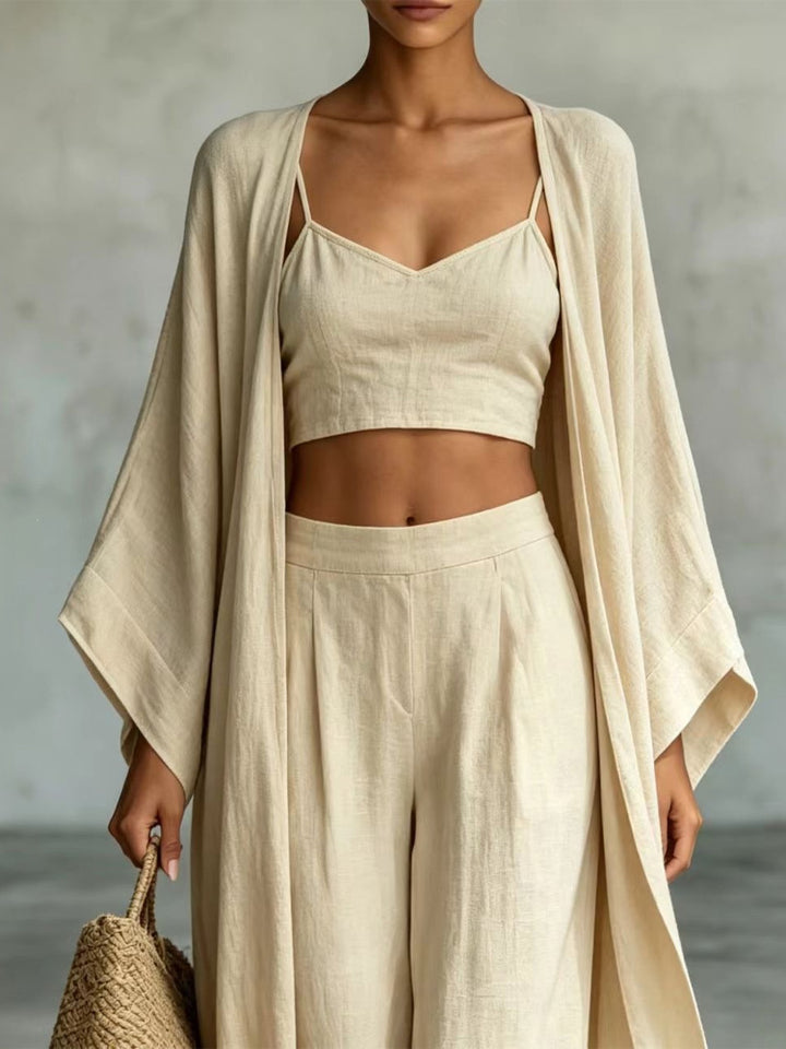 Loose cardigan, camisole, high-waisted wide-leg pants three-piece set
