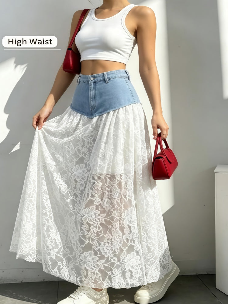 High-Waisted Denim and Lace Maxi Skirt