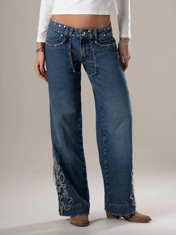 Rivet &amp; Patchwork High Waisted Wide Leg Jeans