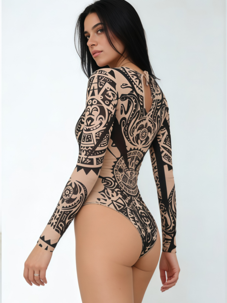 Tattoo Print One-Piece Swimsuit – Long Sleeve Sexy Bodysuit Swimwear