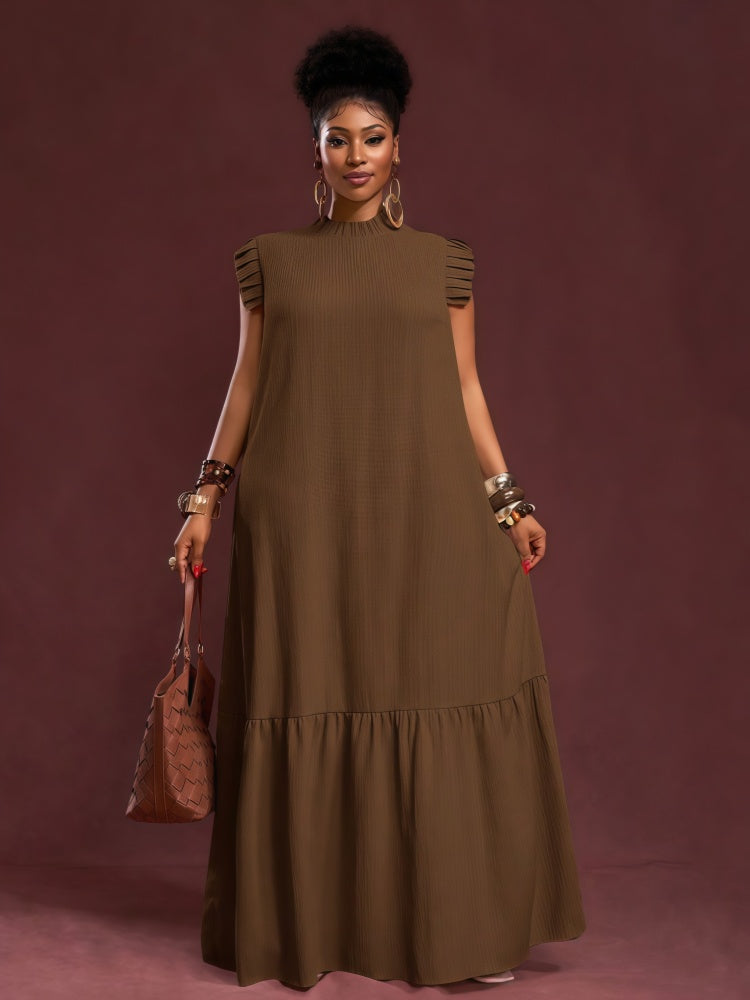 Pleated flutter-sleeve loose maxi dress