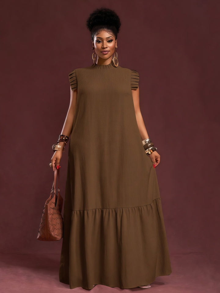 Pleated flutter-sleeve loose maxi dress