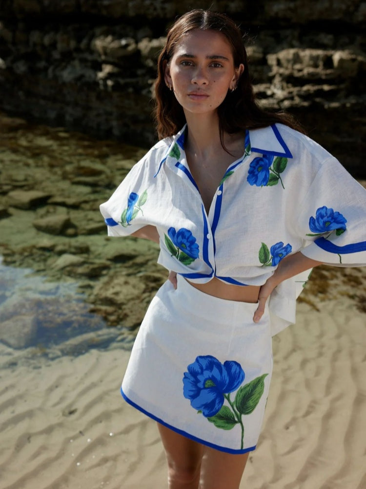 Blue Floral Print Linen Blend Two-Piece Set - Oversized Shirt &amp; Mini Skirt Co-ord