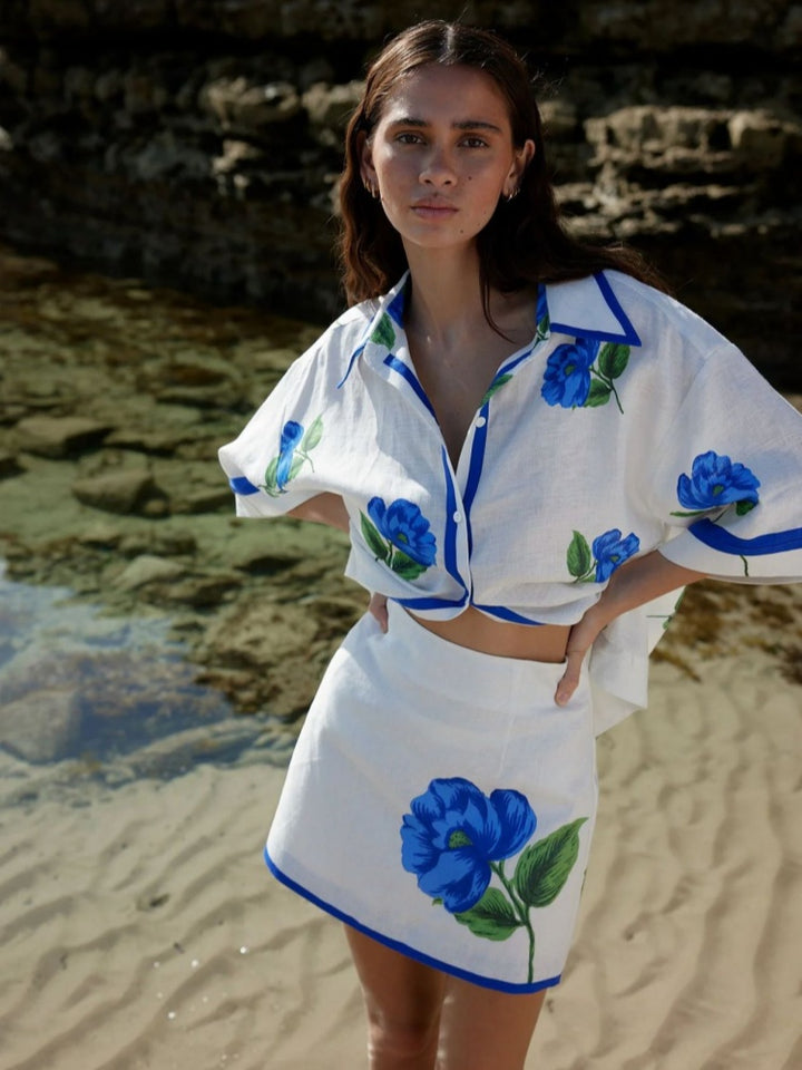 Blue Floral Print Linen Blend Two-Piece Set - Oversized Shirt &amp; Mini Skirt Co-ord