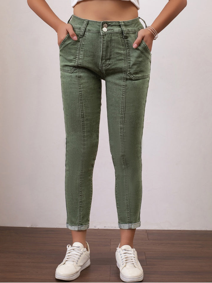 High Waist Army Green Seamed Skinny Cropped Jeans