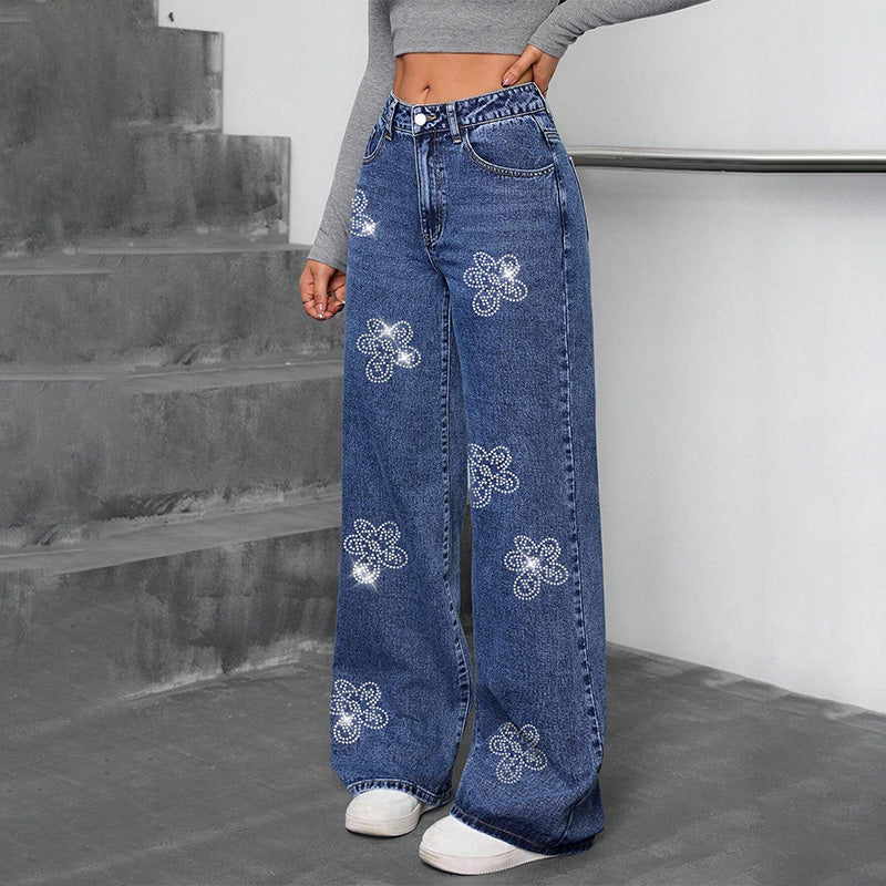 Floral rhinestone loose straight leg trousers