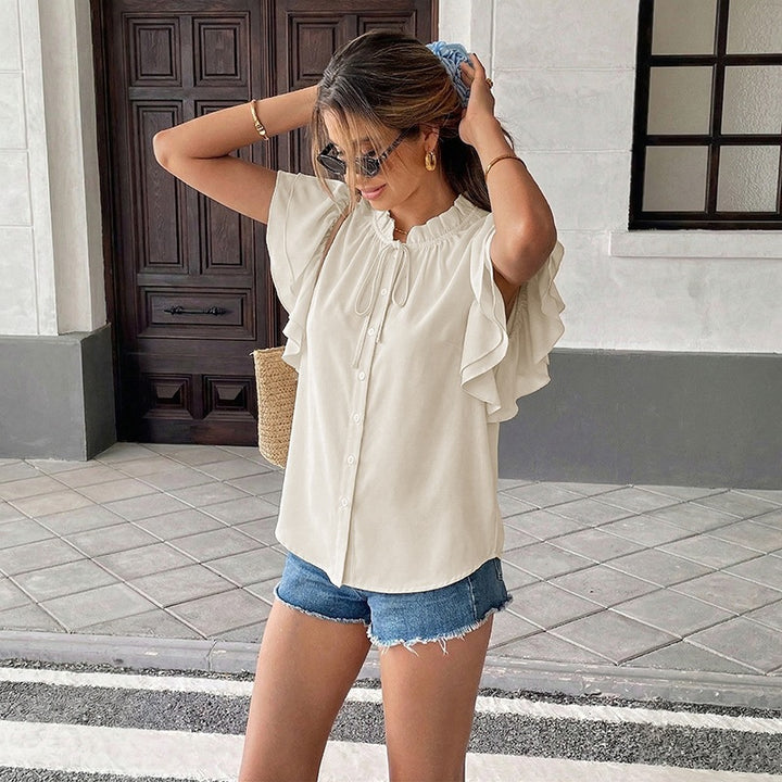 Summer casual loose stand collar tie ruffle sleeve cardigan top shirt women&