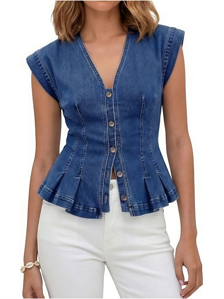V-Neck Peplum Denim Vest - Sleeveless Button-Down Fitted Top