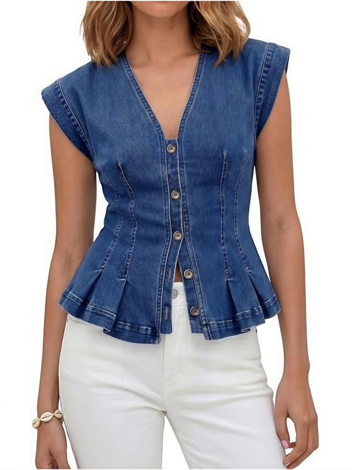 V-Neck Peplum Denim Vest - Sleeveless Button-Down Fitted Top