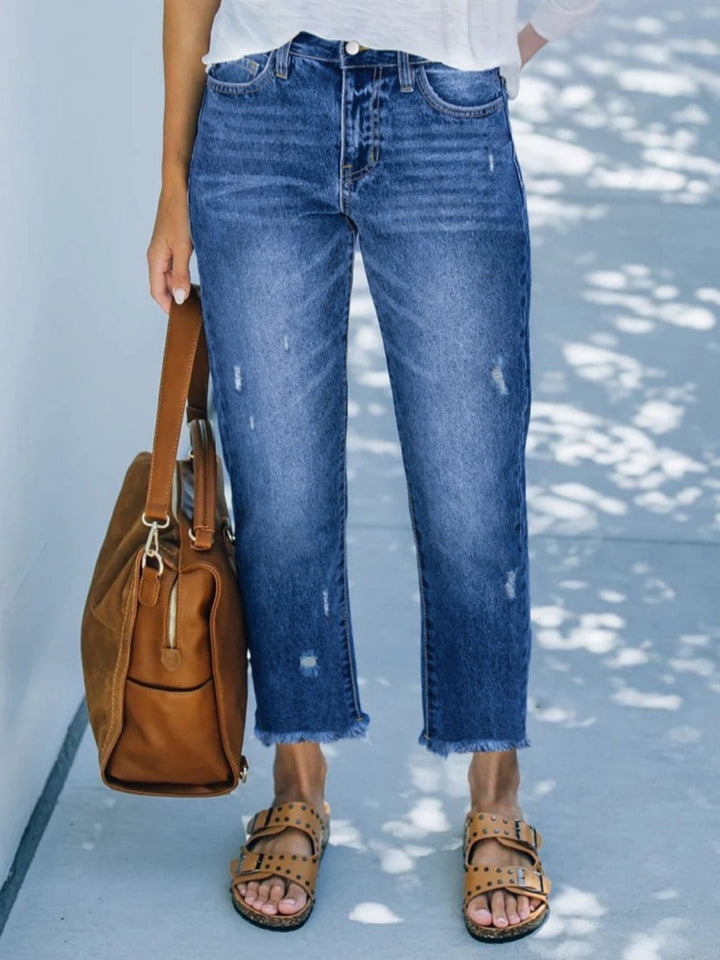 Fringe-trimmed stretch straight leg cropped jeans