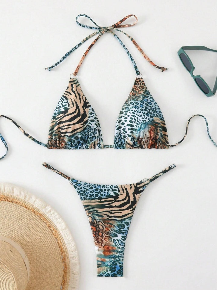 Animal Print Halter Triangle Bikini Set