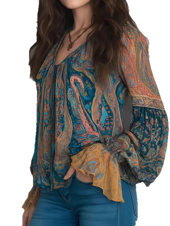 Boho Paisley Print Blouse - V-Neck Long Sleeve Flowy Top