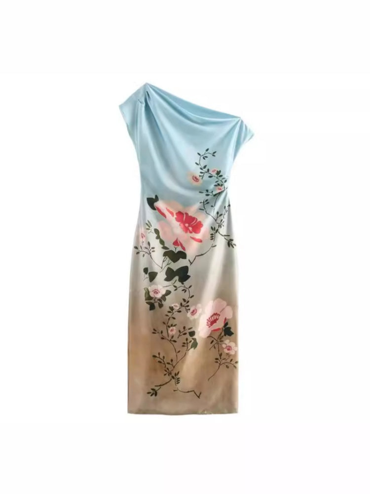 One Shoulder Floral Gradient Satin Midi Dress