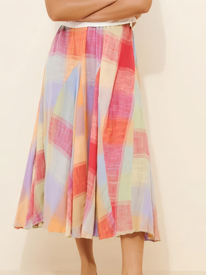 Vibrant Geometric Plaid A-Line Midi Skirt